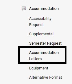 Accommodation menu with a black box around the Accommodation Letters link