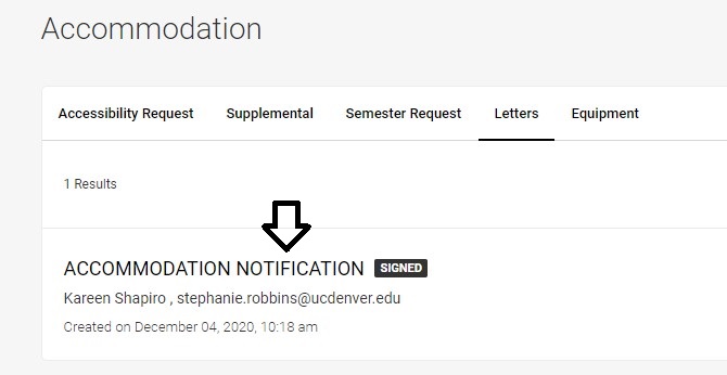 Accommodation Letters page with an arrow pointing to the Accommodation Notification link.