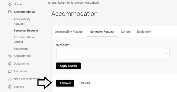 Semester Request page with a black arrow pointing to the Add New button.