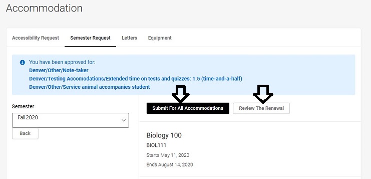Semester request page with list of accommodations and arrows pointing to the Submit for all accommodations button and Review the renewal button.