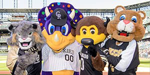CU Mascots Milo, Chip, and Clyde pose with the Colorado Rockies mascot, Dingo.