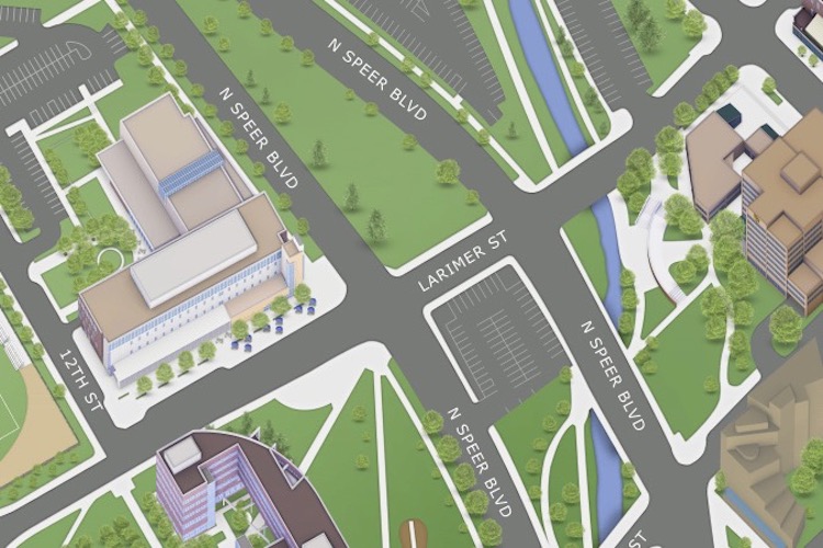 CU Denver campus map showing streets and buildings