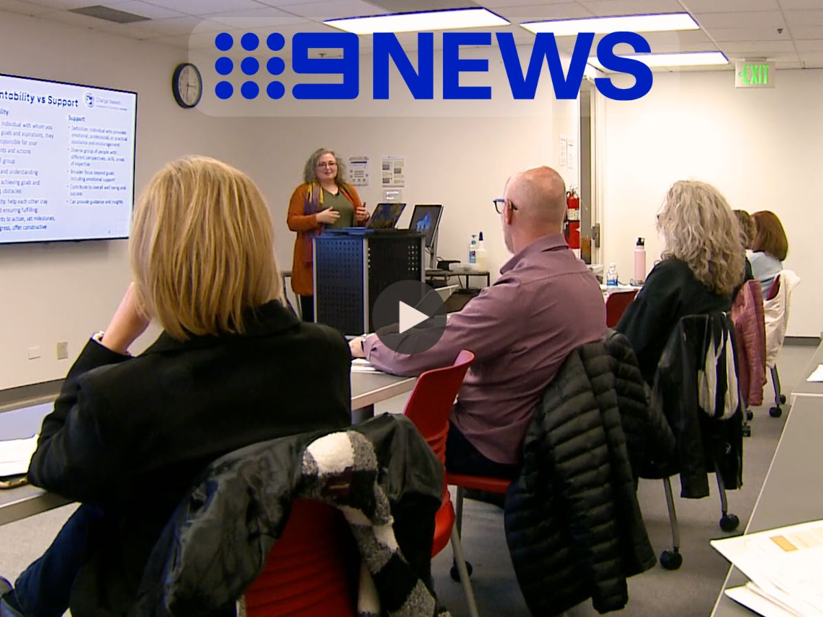 9NEWS logo above CU Denver Change Makers classroom during a presentation on purpose and support.