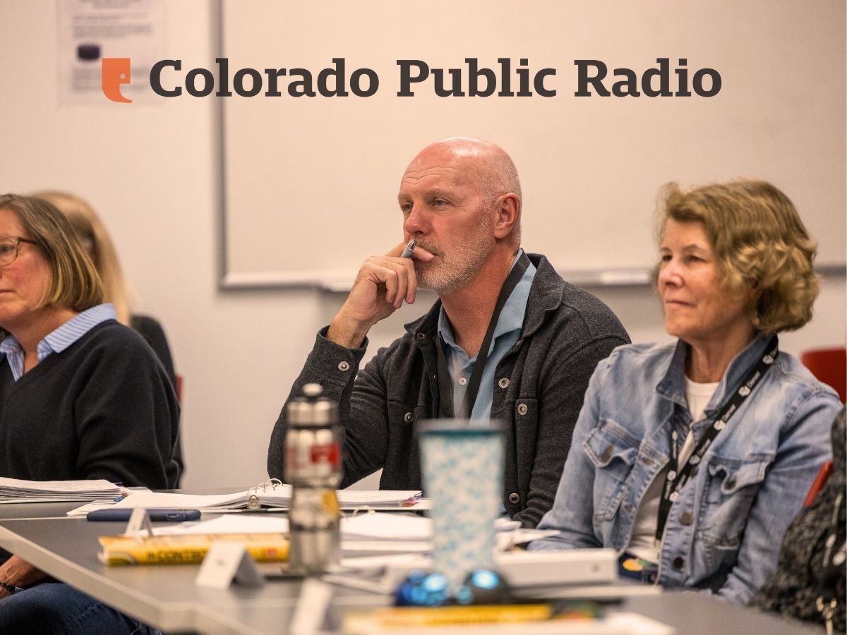 Colorado Public Radio logo above a CU Denver Change Makers classroom scene with adult learners listening attentively.