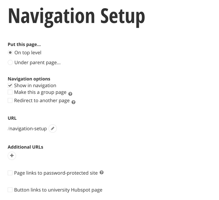 Navigation Setup when Creating a Page