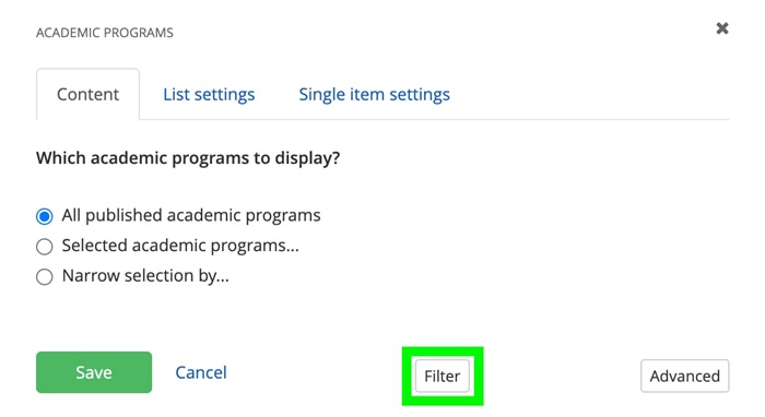 Select the filter button in the widget edit view