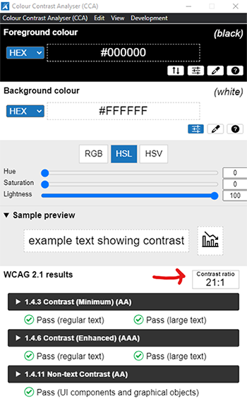 CCA tool where to find color contrast ratio result