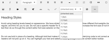 Select a font size selector in content editor toolbar