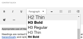 Content editor toolbar dropdown to select various text mark-ups including headings