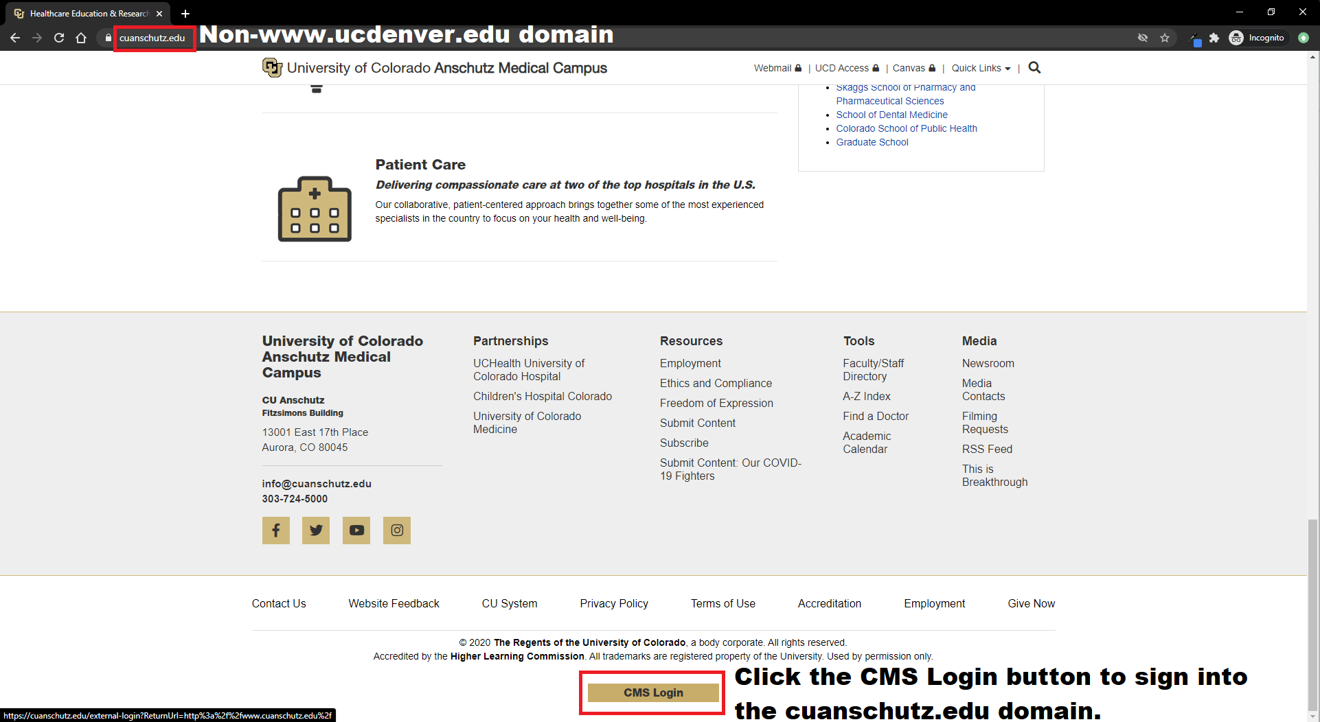 Click the CMS Login button on a domain