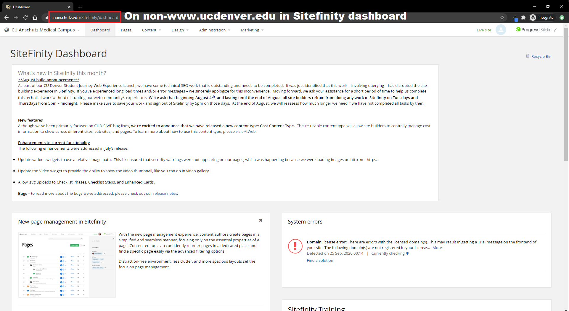 Sitefinity dashboard on non-www.ucdenver.edu domain