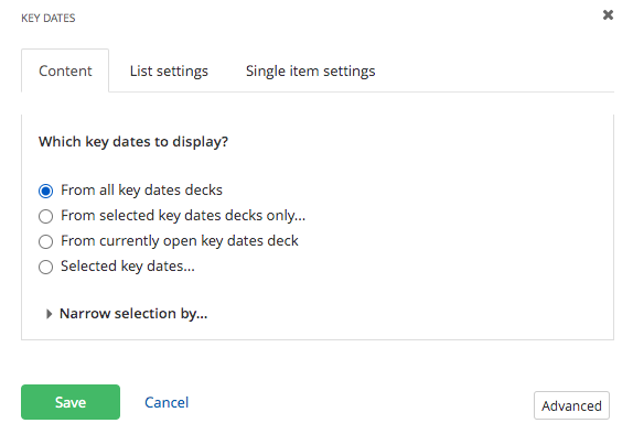 choose what key dates to display in the content tab