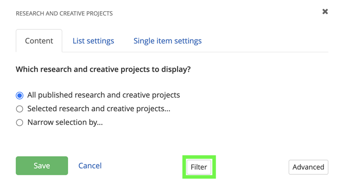 Research and creative projects filter button in edit view.