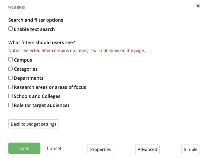 Web bio - search and filtering options