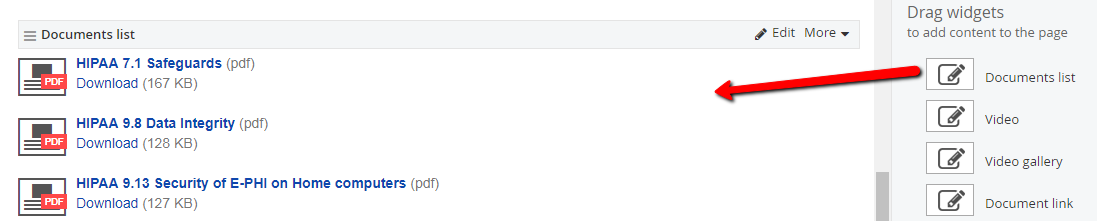 Dragging documents list widget to content area 