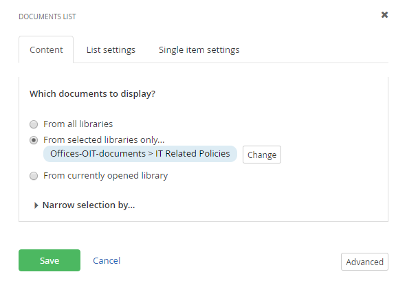 Content settings example for document lists widget 