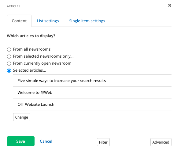 Newsroom widget settings - content tab