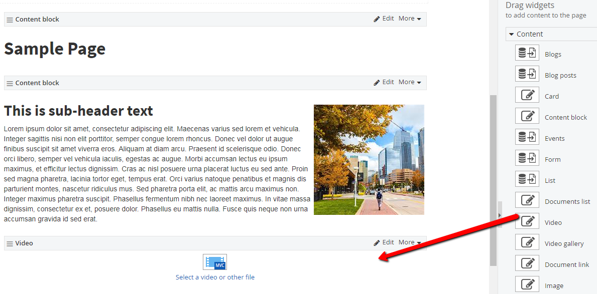 Dragging video widget to content area