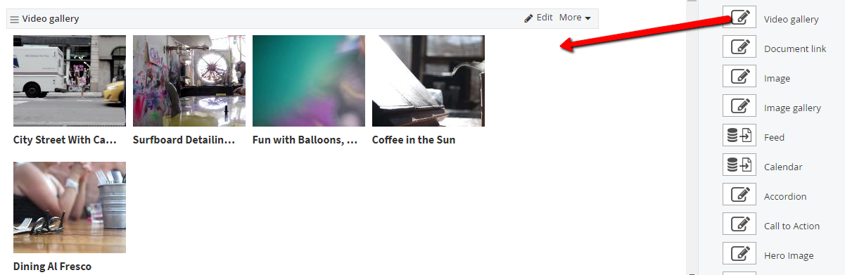 Dragging video gallery widget to content area