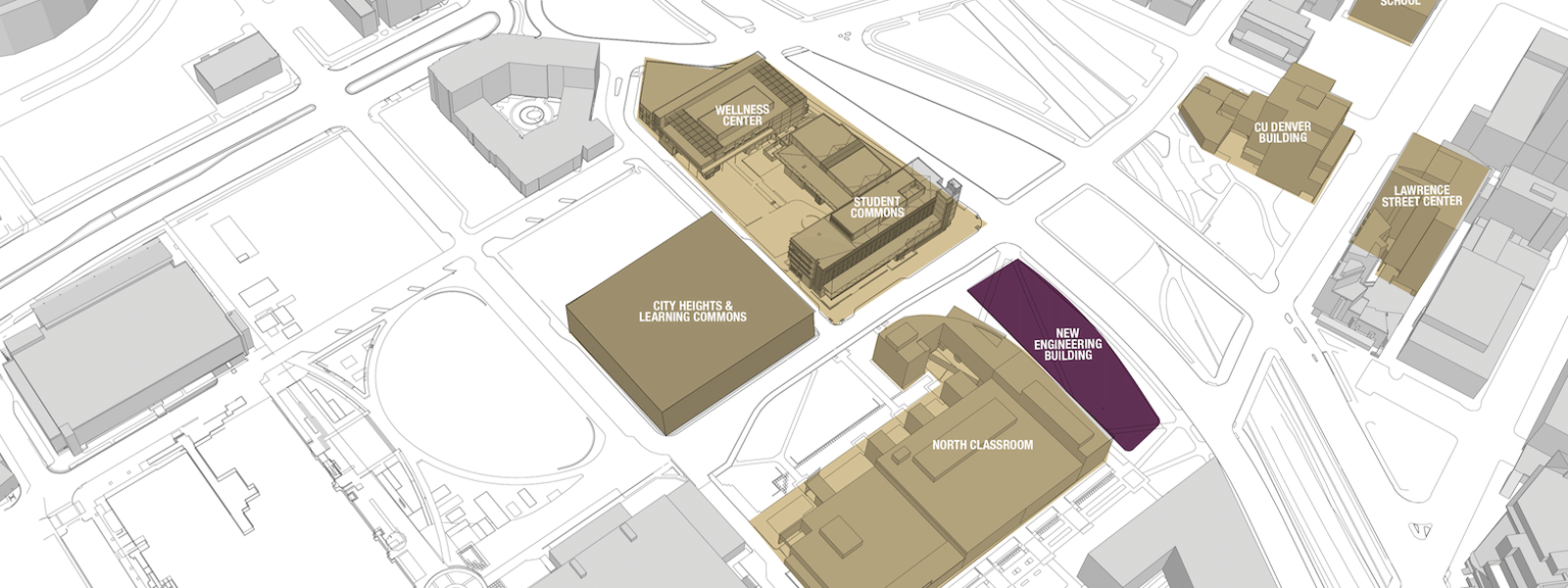 Campus map rendering of new CU Denver Engineering Building