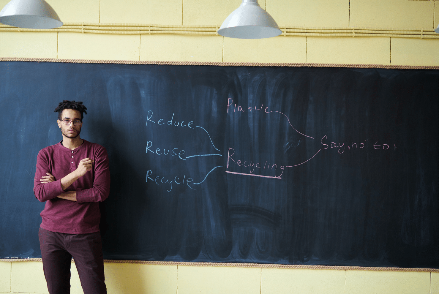 A man facing the camera stands in front of a chalkboard that contains a handwritten cloud diagram with the words "reduce, reuse, recycle" connected to "recycling, plastic" and the phrase "say 'no' to".