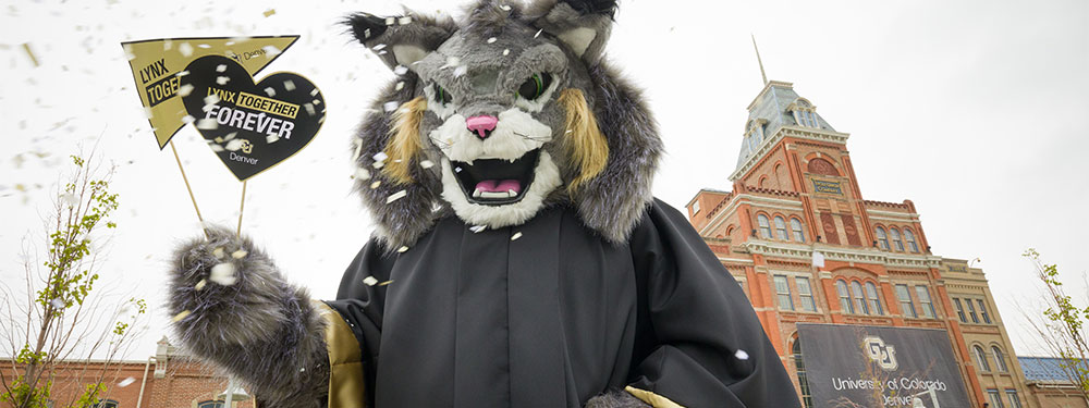 Milo the Lynx CU Denver mascot on campus at commencement