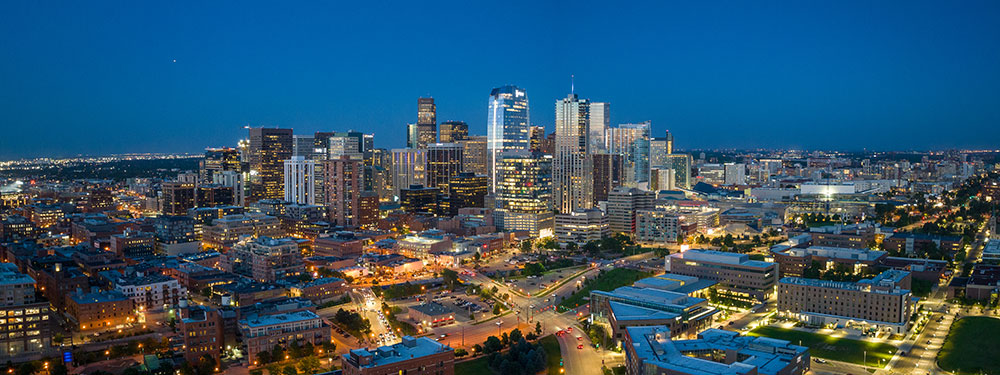 UC Denver Colorado city skyline evening