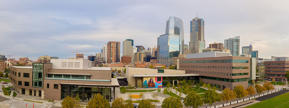 CU Denver Campus with student mural and skyline