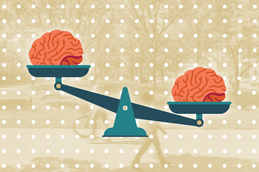 Graphic of two brains in front of a background of polka dots and a photo of students walking on campus