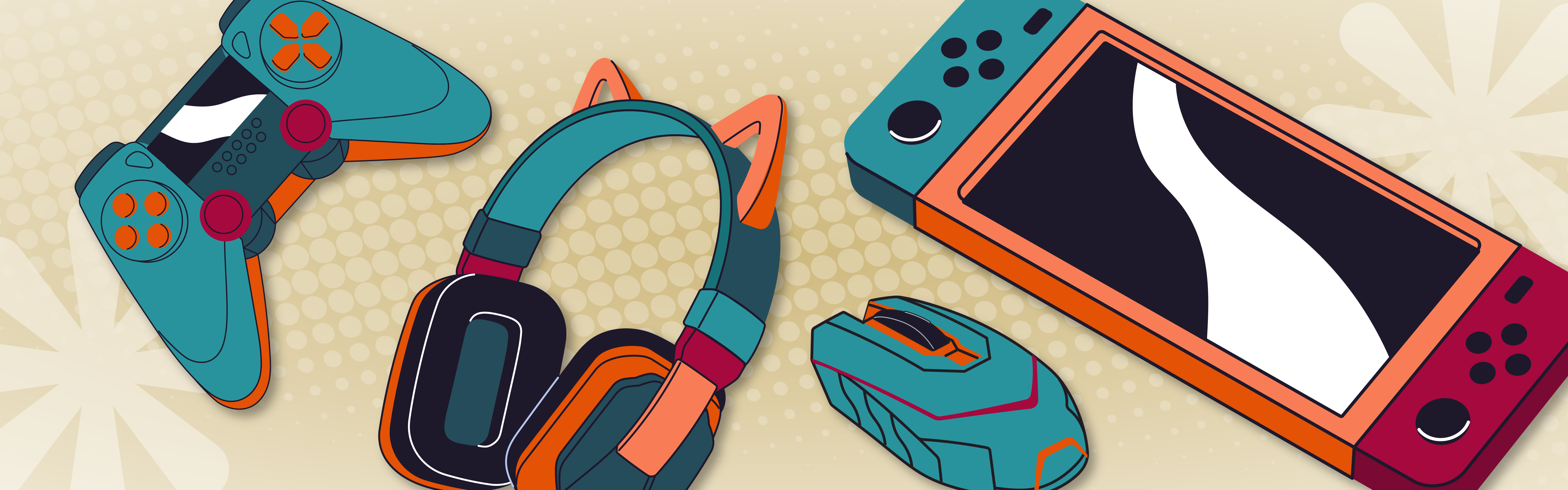 Graphic of a game controller, gaming headset, computer mouse, and gaming console.