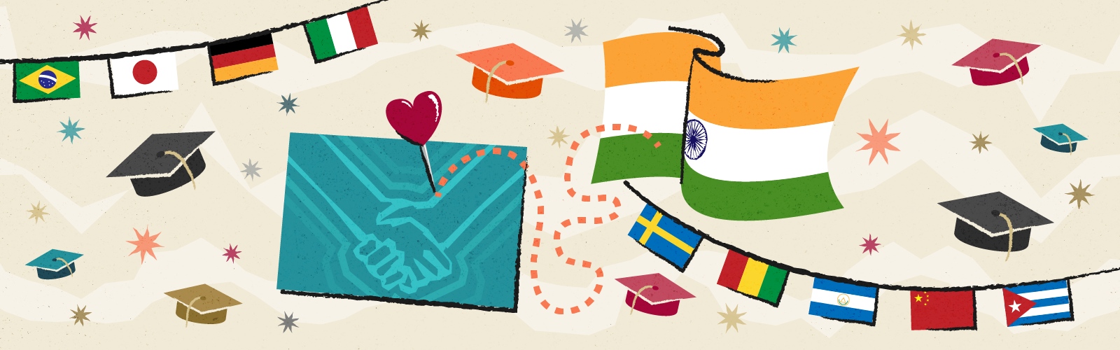 Graphic of Colorado and India's flag, surrounded by graduation caps, stars, and other world flags
