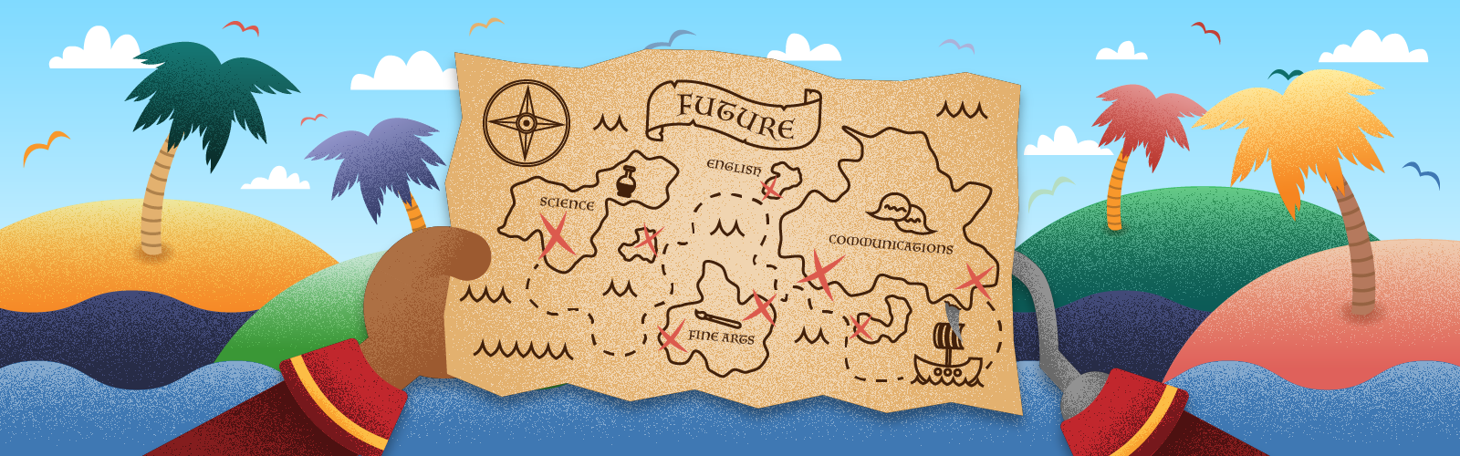 Graphic of a treasure map for the future containing different areas of study