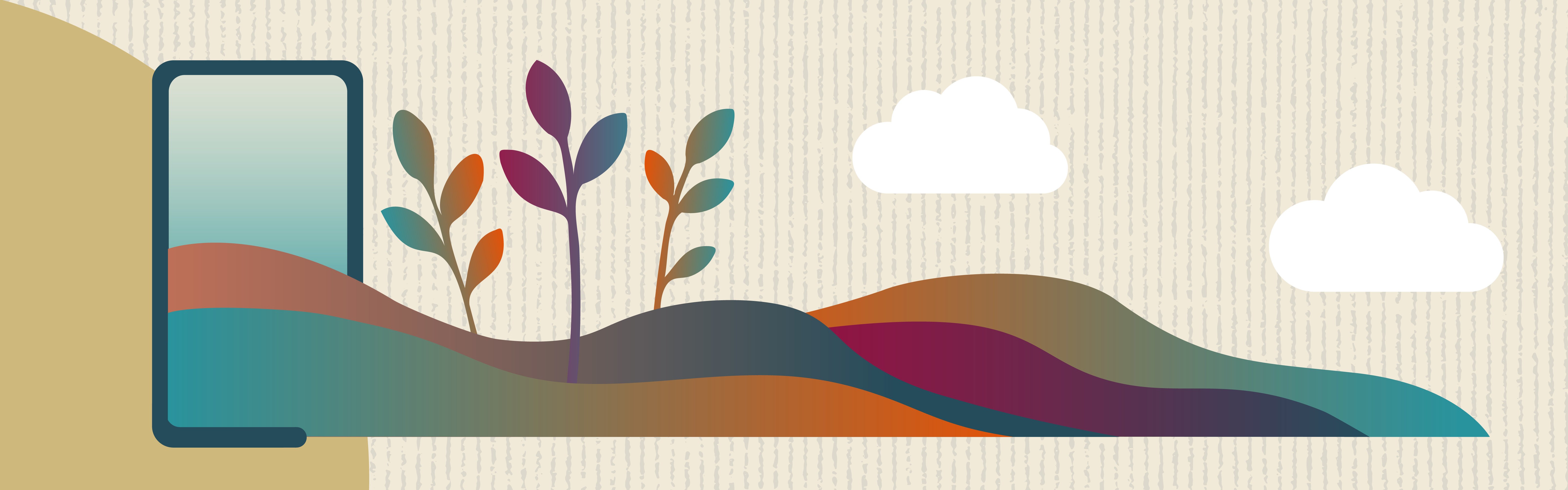 Graphic of calm landscape coming out of a phone screen