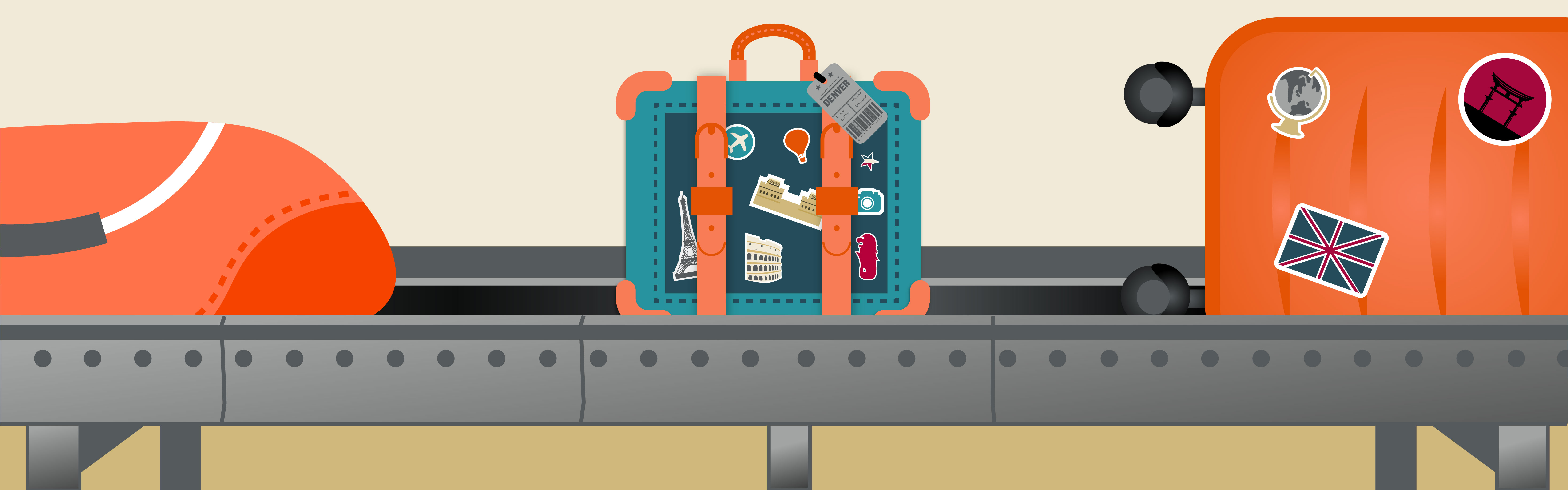 Graphic of luggage with stickers on conveyor belt