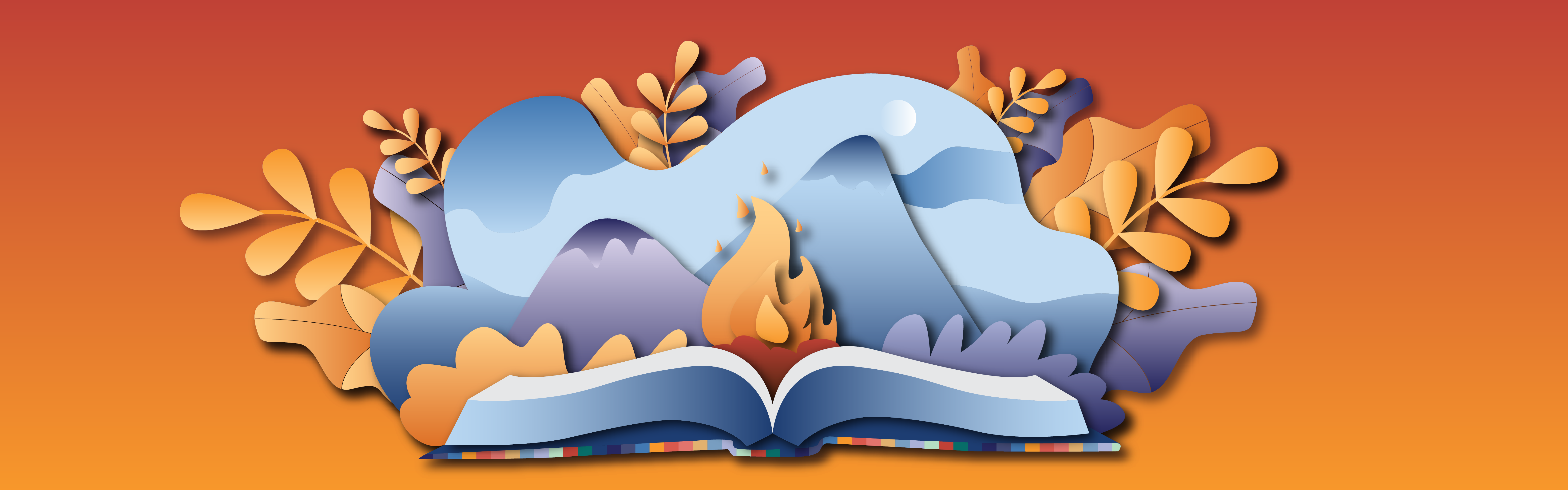 3D graphic of storybook with pop-up of a campfire, mountains, the night sky, and colorful foliage