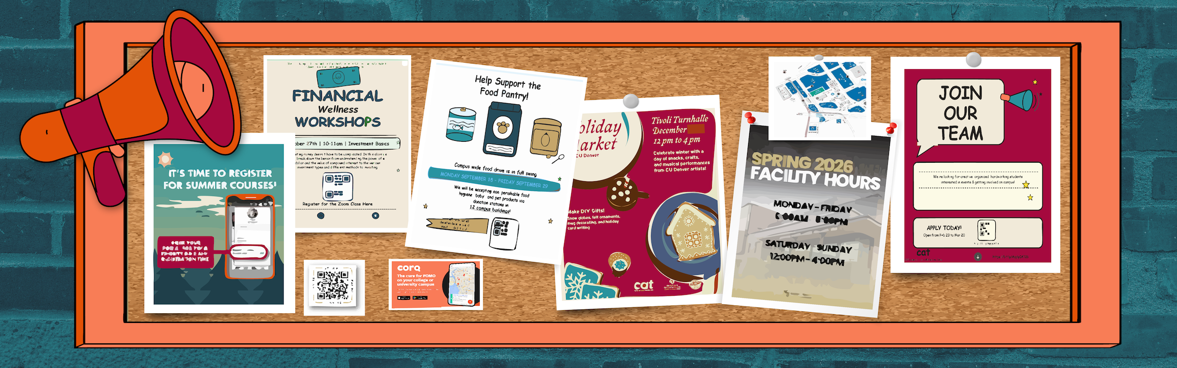 Graphic of cork board with event flyers