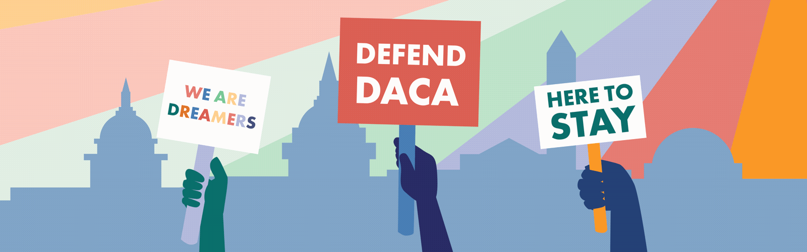 Illustration of CU Denver students holding signs in support of DACA students