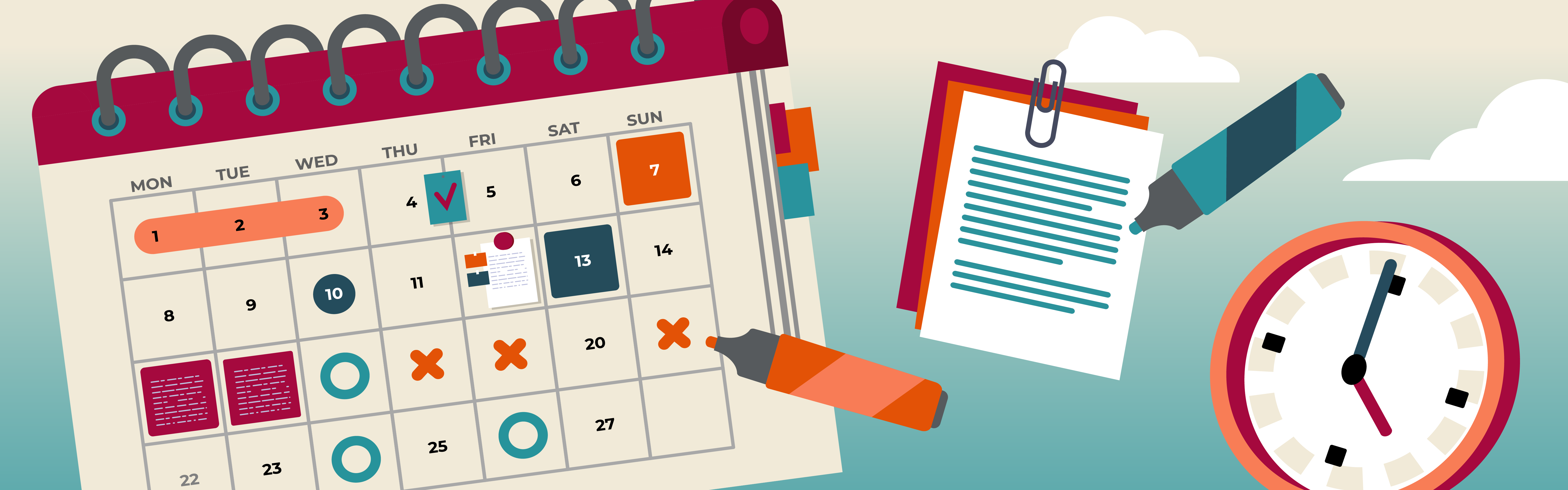 Graphic of a calendar, sheets of paper, markers, and a clock