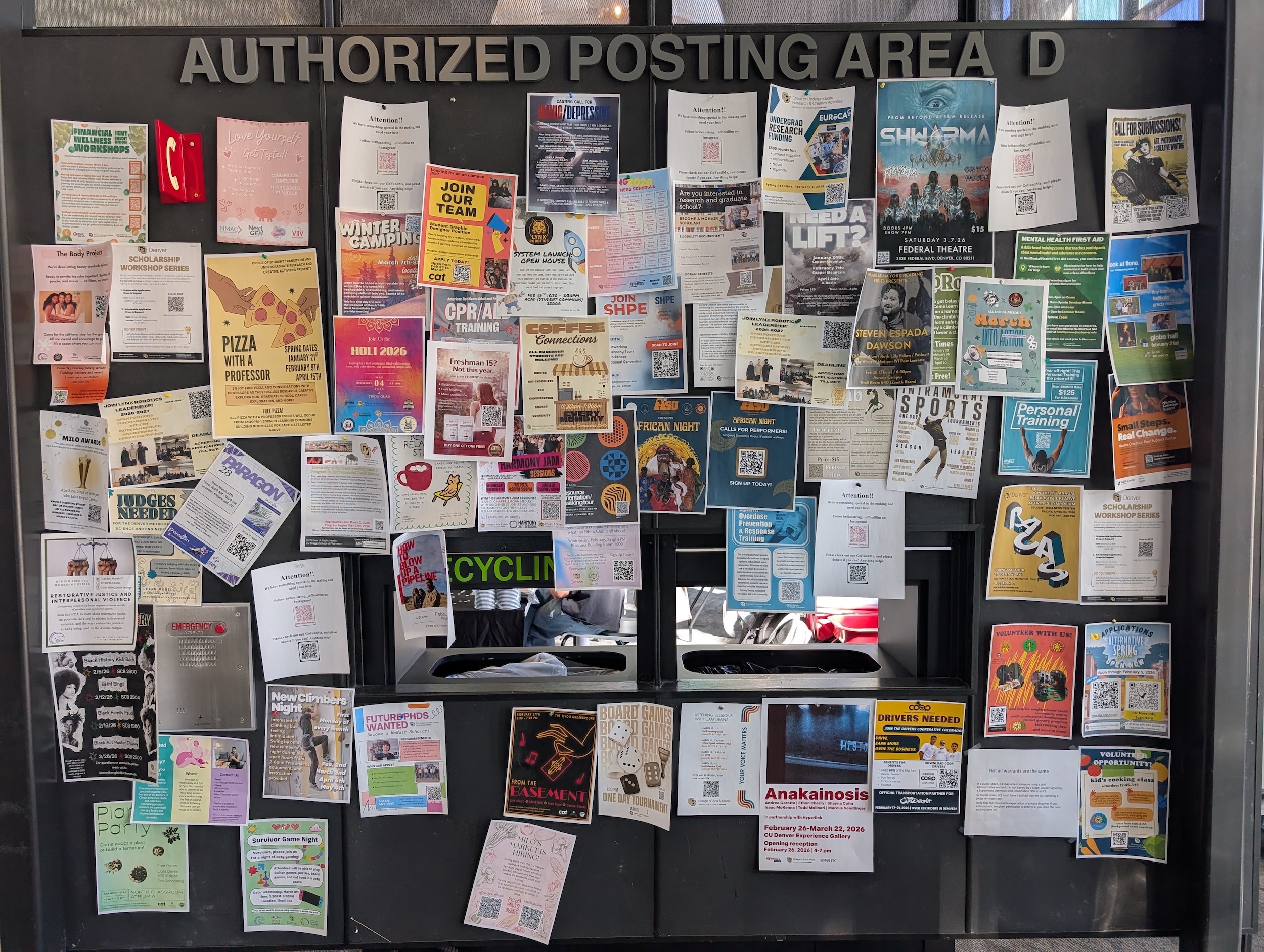 numerous flyers in a public posting area