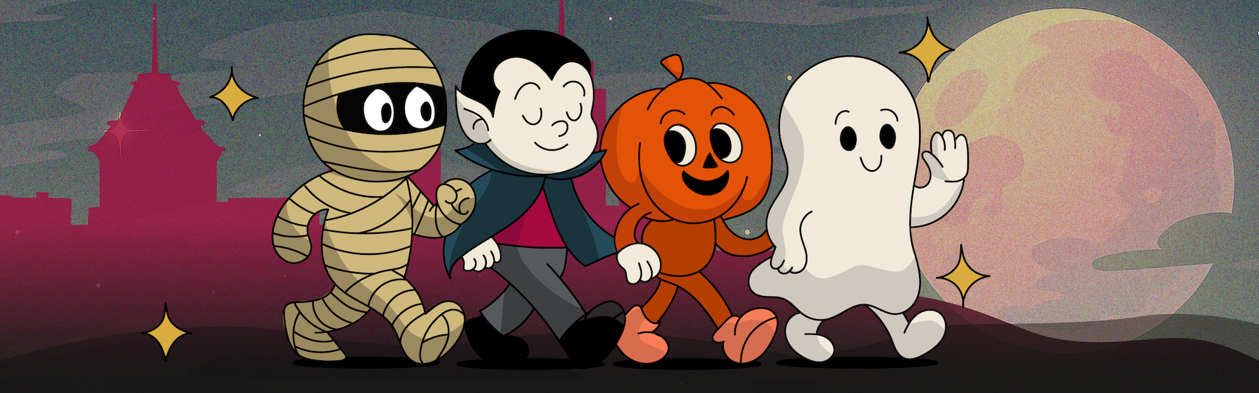 Graphic of cartoon mummy, vampire, pumpkin, and ghost walking