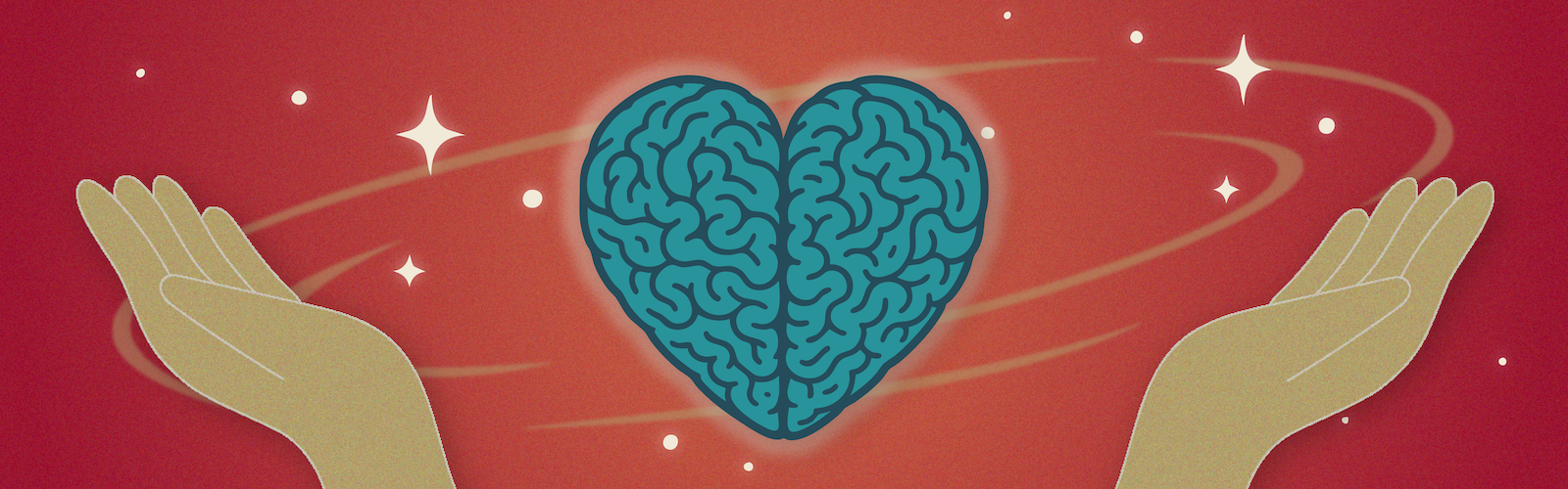 Graphic of brain in the shape of a heart, stars, and hands