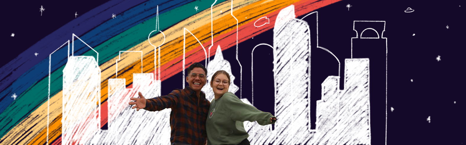 Mixed media photo of SGA President Juan Gonzalez and VP Morgan DeVito on cmapus with an illustration of a rainbow and city skyline
