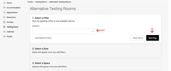 Screenshot of the Alternative Testing Rooms page highlighting the Course dropdown and “Next Step” button.