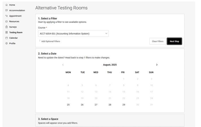 Screenshot of the Alternative Testing Rooms page showing a selected course and the exam date calendar.