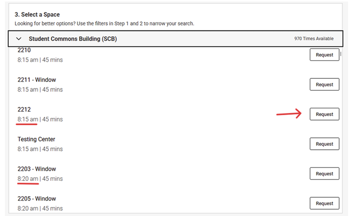 Alt text for   Screenshot of available testing rooms and times, with a “Request” button highlighted.