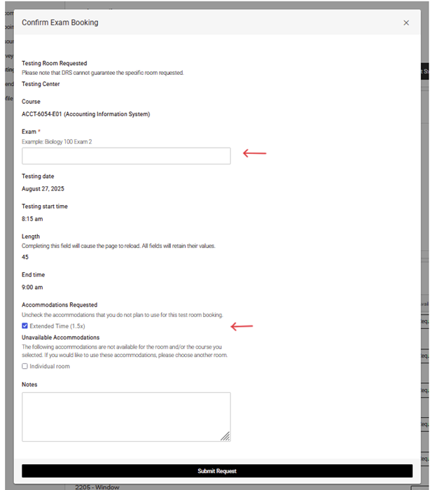 Screenshot of the Confirm Exam Booking page highlighting the exam name field and accommodations section.