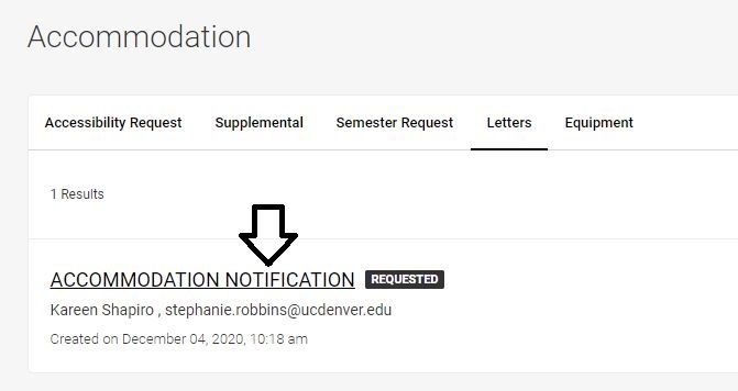 Accommodation letter page with a black arrow pointing to the Accommodation Notification link.