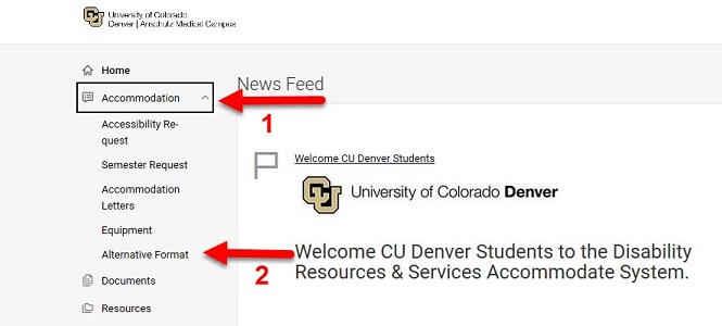 Screenshot of Accommodate student portal with an arrow pointing to the Accommodation menu and the Alternative Format link.