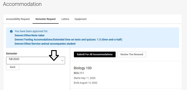 Semester request menu displaying accommodations for a test student with an arrow pointing to the Semester drop down menu.