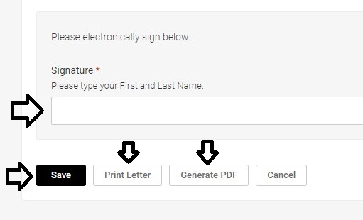 Signature section of the screen at the end of the letter with an arrow pointing to the Signature field, the Save button, the print letter button and the generate PDF button.